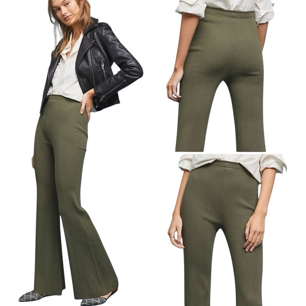 Anthropologie Gibson Ribbed Sweater Knit Flare Leggings Pants XS Moss Green NEW